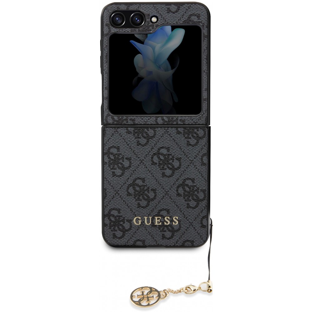 Coque Samsung Galaxy Z Flip5 - Guess toile similicuir monogramme logo métallique doré avec pendentif charm - Noir