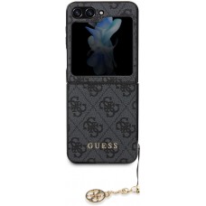 Coque Samsung Galaxy Z Flip5 - Guess toile similicuir monogramme logo métallique doré avec pendentif charm - Noir