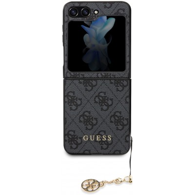 Coque Samsung Galaxy Z Flip5 - Guess toile similicuir monogramme logo métallique doré avec pendentif charm - Noir
