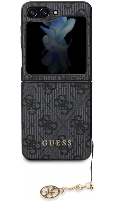 Samsung Galaxy Z Flip5 Case Hülle - Guess Leinwand Kunstleder Monogramm goldenen Metall-Logo mit Charm Anhänger - Schwarz