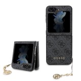 Coque Samsung Galaxy Z Flip5 - Guess toile similicuir monogramme logo métallique doré avec pendentif charm - Noir