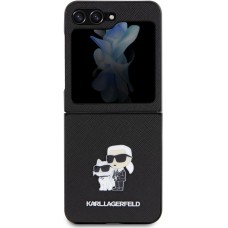 Coque Samsung Galaxy Z Flip5 - Karl Lagerfeld et Choupette similicuir saffiano avec logo métallique 3D - Noir