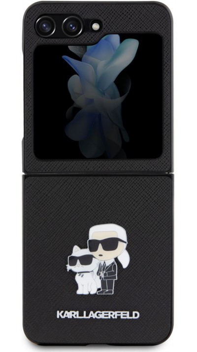 Coque Samsung Galaxy Z Flip5 - Karl Lagerfeld et Choupette similicuir saffiano avec logo métallique 3D - Noir