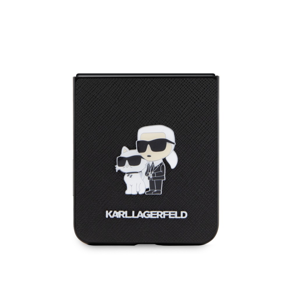 Coque Samsung Galaxy Z Flip5 - Karl Lagerfeld et Choupette similicuir saffiano avec logo métallique 3D - Noir