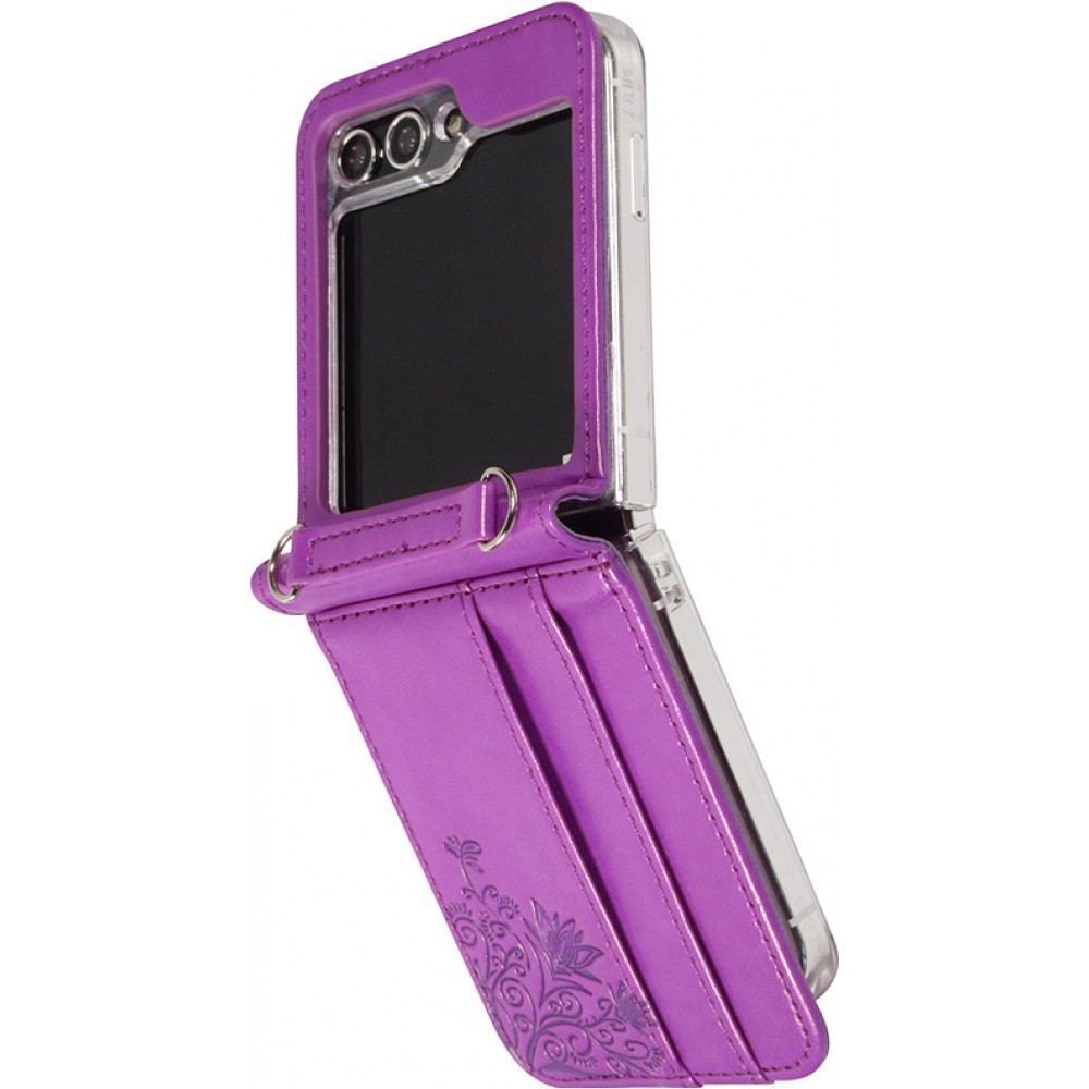 Coque Samsung Galaxy Z Flip5 - Similicuir élégant avec fleur impregnée - Violet