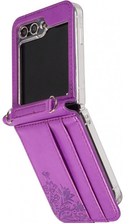Galaxy Z Flip5 Case Hülle - Elegantes Kunstleder mit impregnierter Blume - Violett