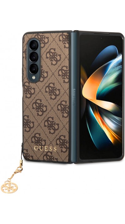 Coque Samsung Galaxy Z Fold4 - Guess toile similicuir monogramme logo métallique doré avec pendentif charm - Brun