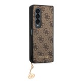 Samsung Galaxy Z Fold4 Case Hülle - Guess Leinwand Kunstleder Monogramm goldenen Metall-Logo mit Charm Anhänger - Braun