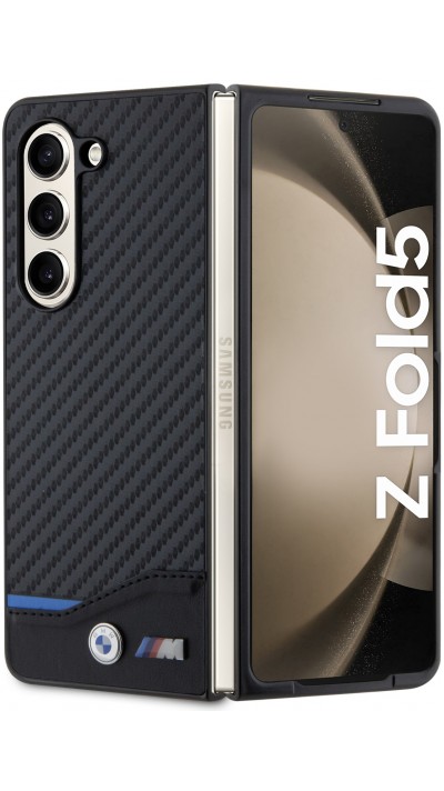 Coque Samsung Galaxy Z Fold5 - BMW M effet carbone et cuir avec logo métallique en relief - Noir