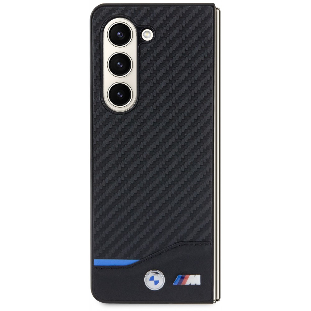 Coque Samsung Galaxy Z Fold5 - BMW M effet carbone et cuir avec logo métallique en relief - Noir