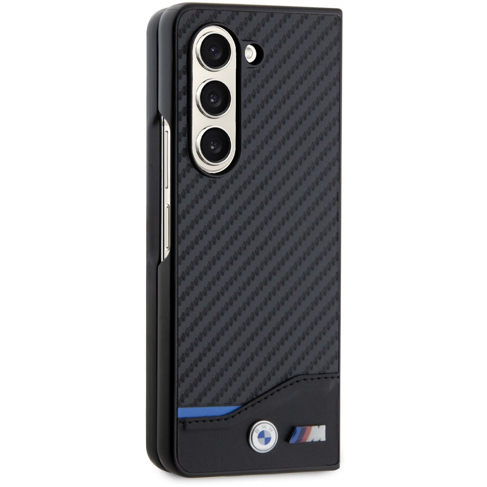 Samsung Galaxy Z Fold5 Case Hülle - BMW M Karbon-Effekt und Leder mit geprägtem Metall-Logo - Schwarz