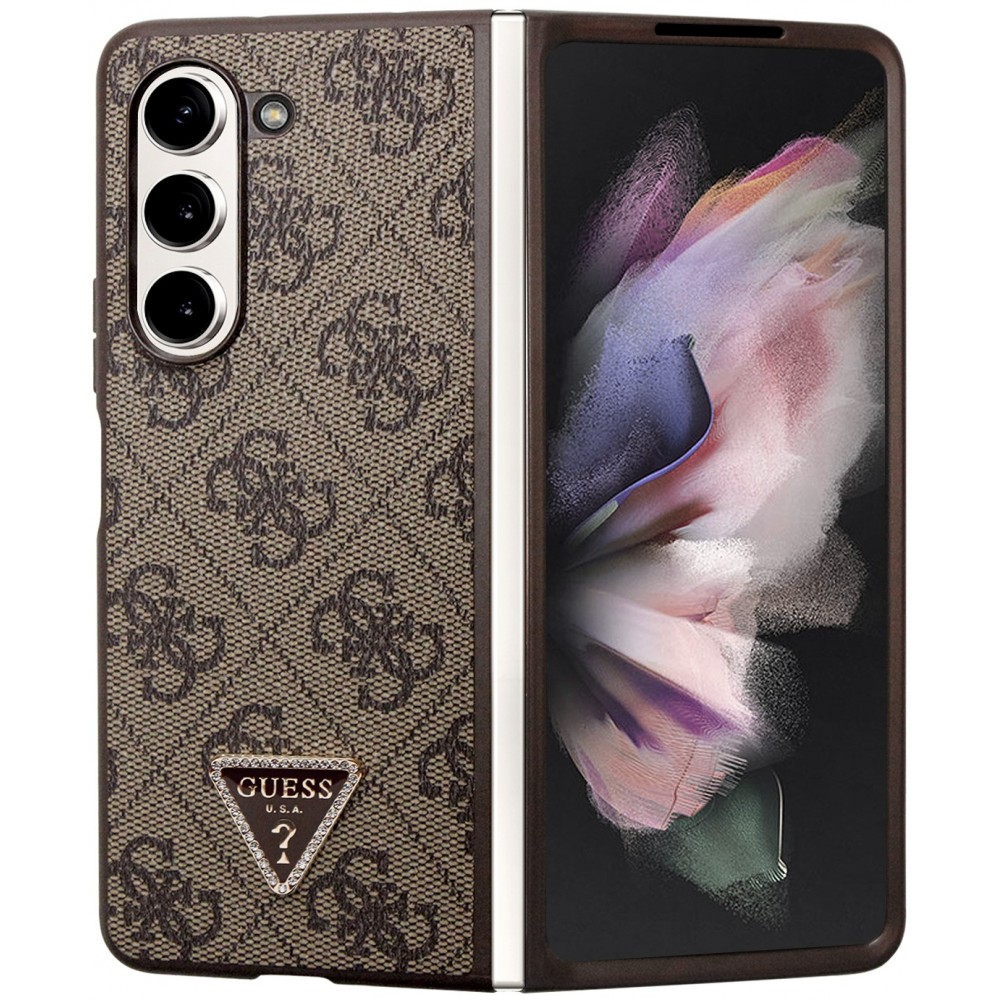 Coque Samsung Galaxy Z Fold5 - Guess monogramme similicuir logo métal et strass - Brun