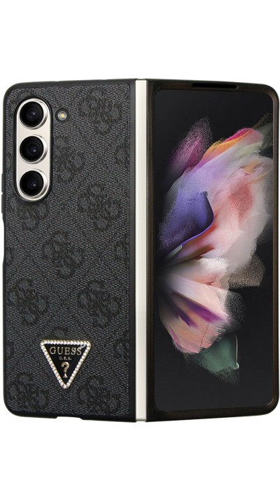 Coque Samsung Galaxy Z Fold5 - Guess monogramme similicuir logo métal et strass - Noir