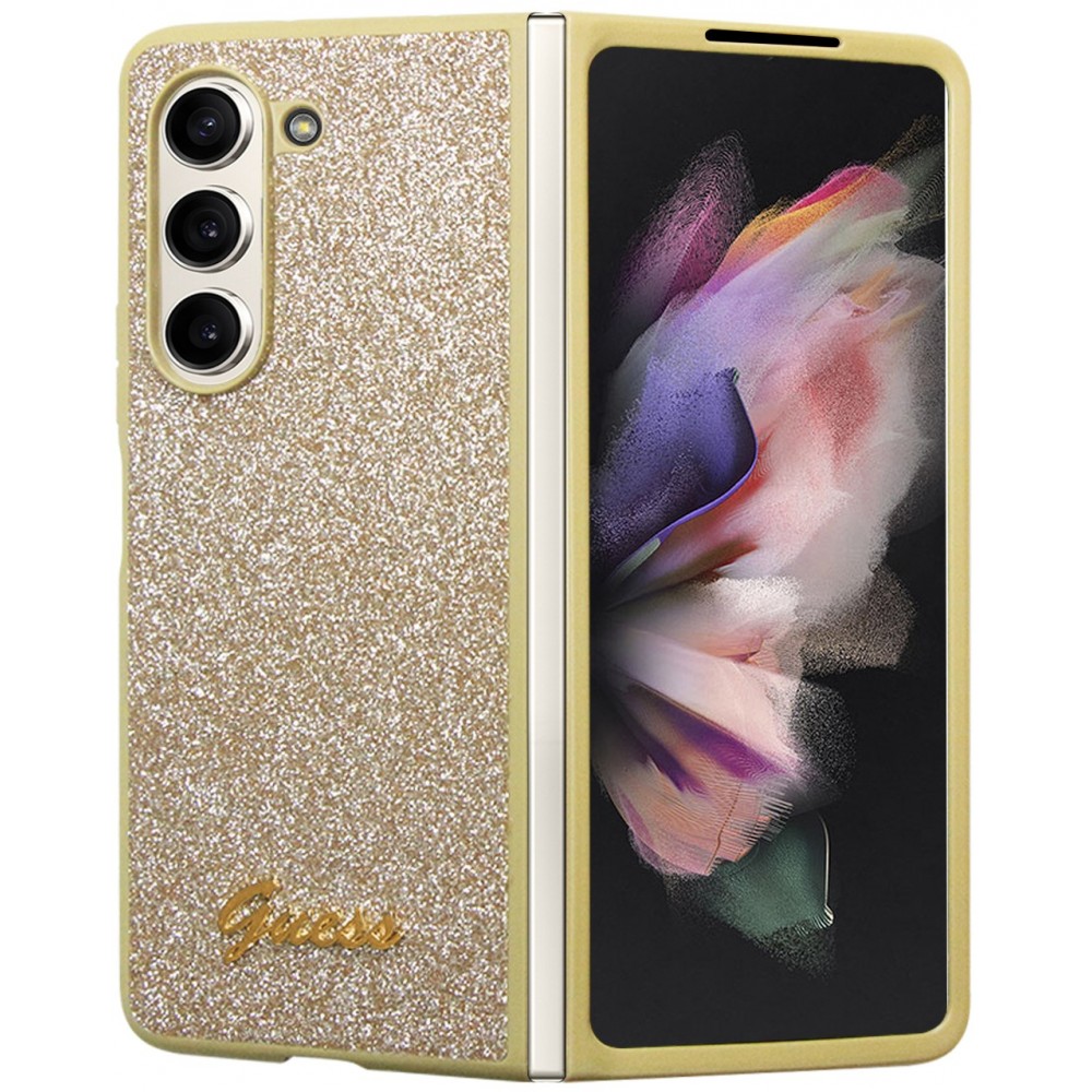 Samsung Galaxy Z Fold5 Case Hülle - Guess Gold Glitter mit goldenem Metalllogo - Gold