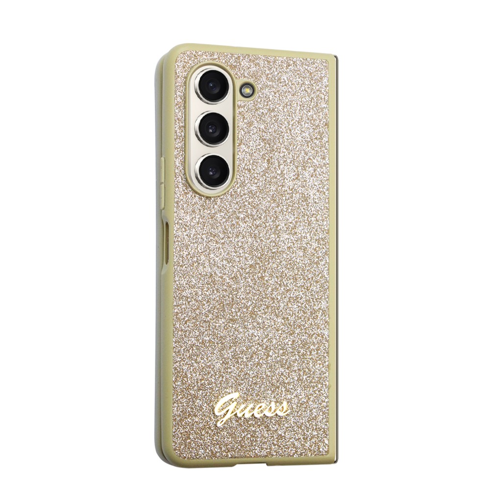 Coque Samsung Galaxy Z Fold5 - Guess paillettes or avec logo en métal doré - Or