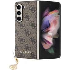 Samsung Galaxy Z Fold5 Case Hülle - Guess Leinwand Kunstleder Monogramm goldenen Metall-Logo mit Charm Anhänger - Braun