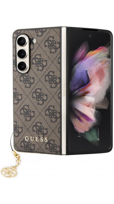 Samsung Galaxy Z Fold5 Case Hülle - Guess Leinwand Kunstleder Monogramm goldenen Metall-Logo mit Charm Anhänger - Braun