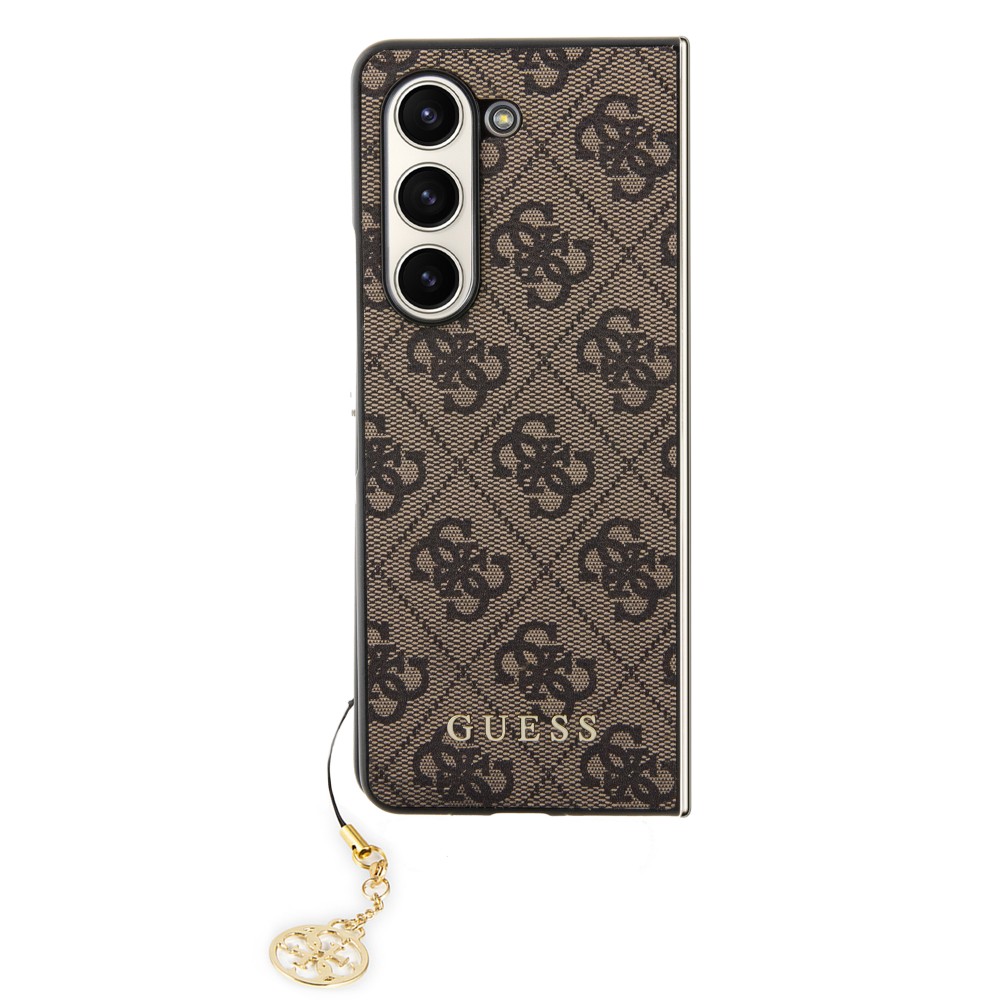 Samsung Galaxy Z Fold5 Case Hülle - Guess Leinwand Kunstleder Monogramm goldenen Metall-Logo mit Charm Anhänger - Braun