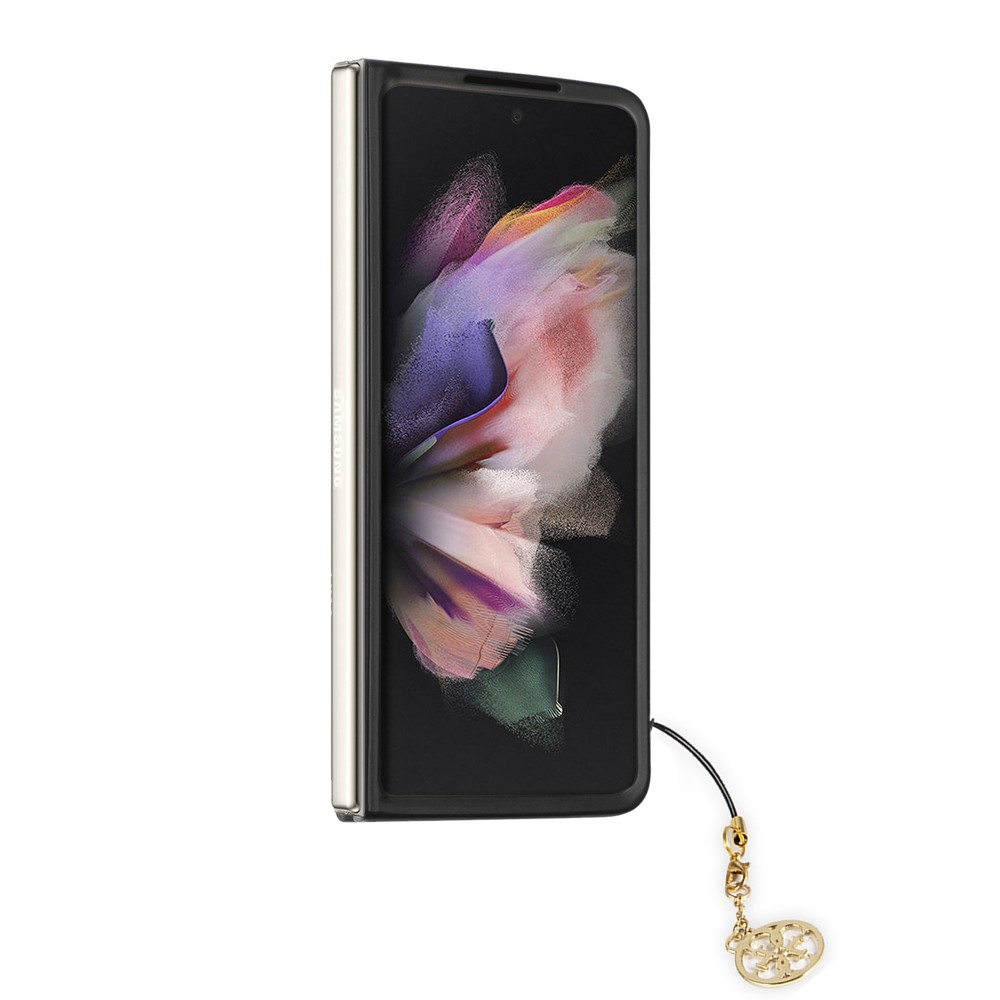 Samsung Galaxy Z Fold5 Case Hülle - Guess Leinwand Kunstleder Monogramm goldenen Metall-Logo mit Charm Anhänger - Braun