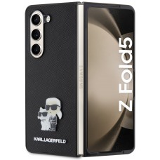 Coque Samsung Galaxy Z Fold5 - Karl Lagerfeld et Choupette similicuir saffiano avec logo métallique 3D - Noir