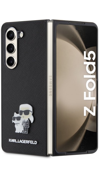 Coque Samsung Galaxy Z Fold5 - Karl Lagerfeld et Choupette similicuir saffiano avec logo métallique 3D - Noir