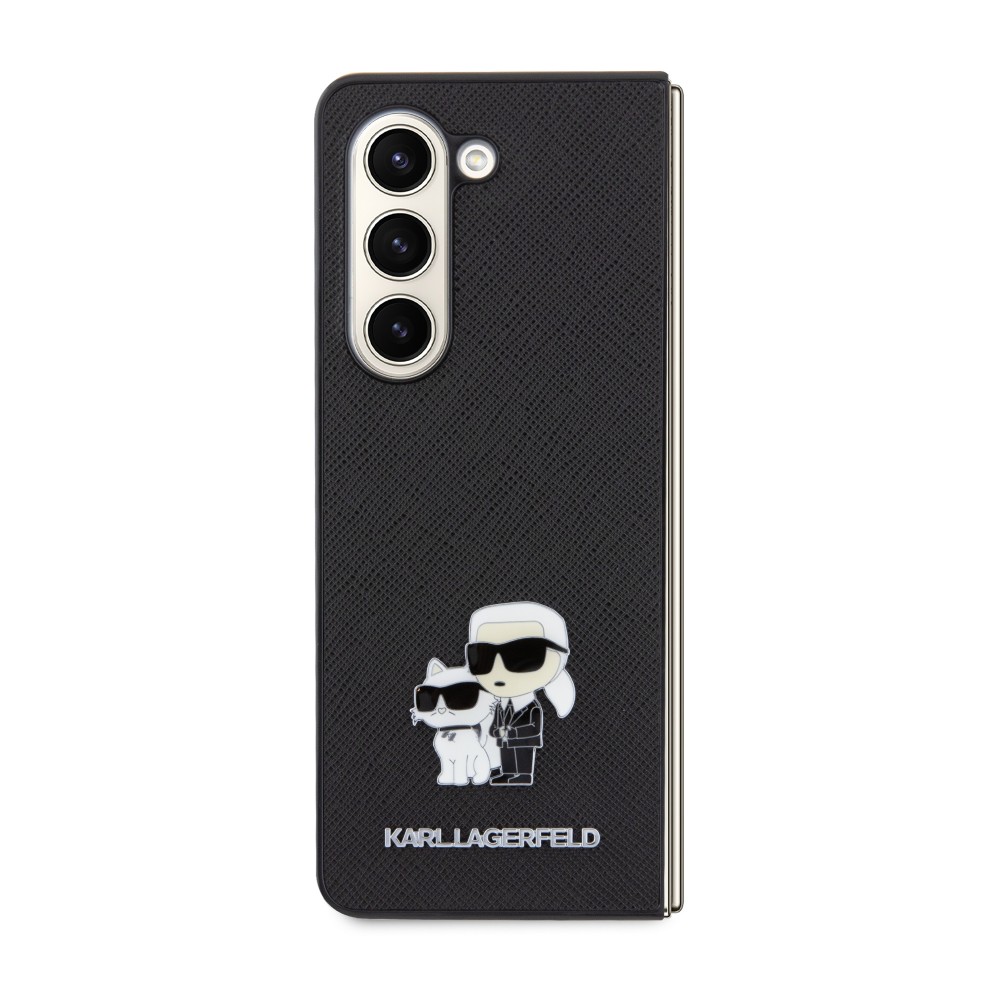 Coque Samsung Galaxy Z Fold5 - Karl Lagerfeld et Choupette similicuir saffiano avec logo métallique 3D - Noir