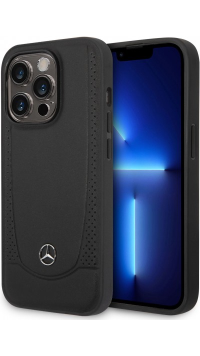 Coque Samsung iPhone 14 Pro - Mercedes cuir véritable design siège automobile avec perforation et logo métallique - Noir