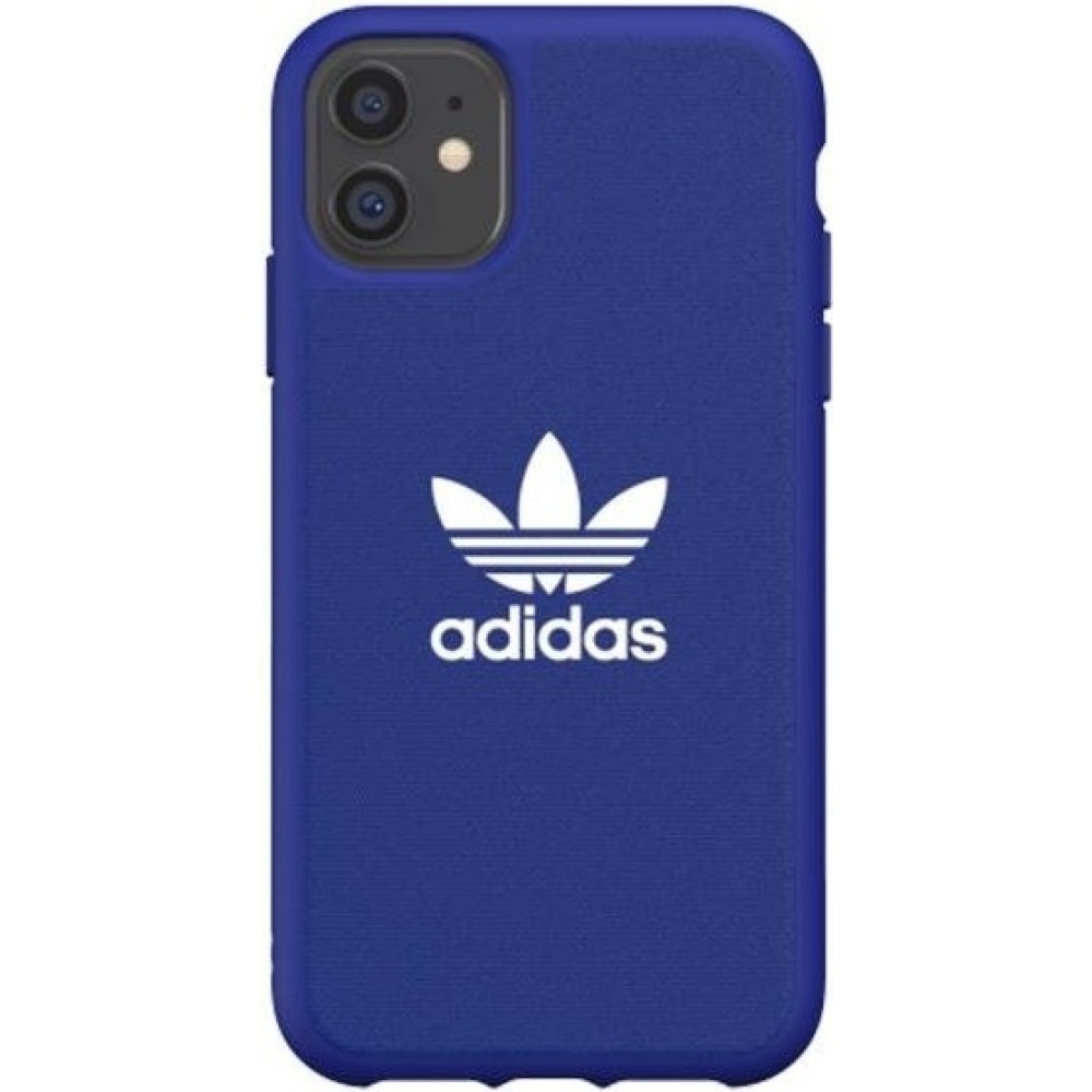 Coque iPhone 11 - Adidas tissu véritable logo blanc imprimé et bords en silicone mat - Bleu