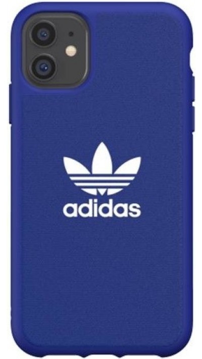 iPhone 11 Case Hülle - Adidas echter Stoff mit weißem Logoaufdruck und matten Silikonrändern - Blau