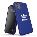 iPhone 11 Case Hülle - Adidas echter Stoff mit weißem Logoaufdruck und matten Silikonrändern - Blau