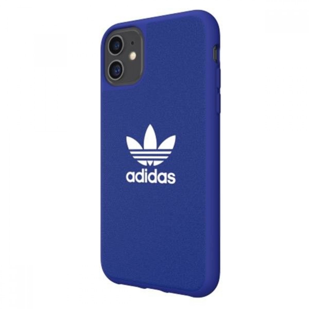 iPhone 11 Case Hülle - Adidas echter Stoff mit weißem Logoaufdruck und matten Silikonrändern - Blau