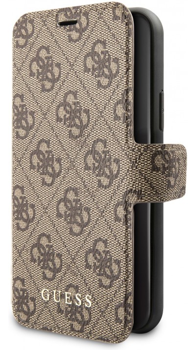 Fourre iPhone 11 - Flip Guess toile similicuir monogramme avec logo métallique doré en relief - Brun