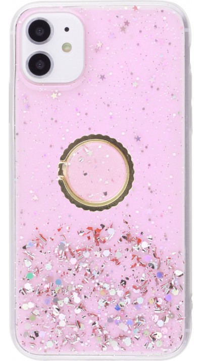 Hülle iPhone 12 / 12 Pro - Gummi silberner Pailletten mit Ring - Rosa