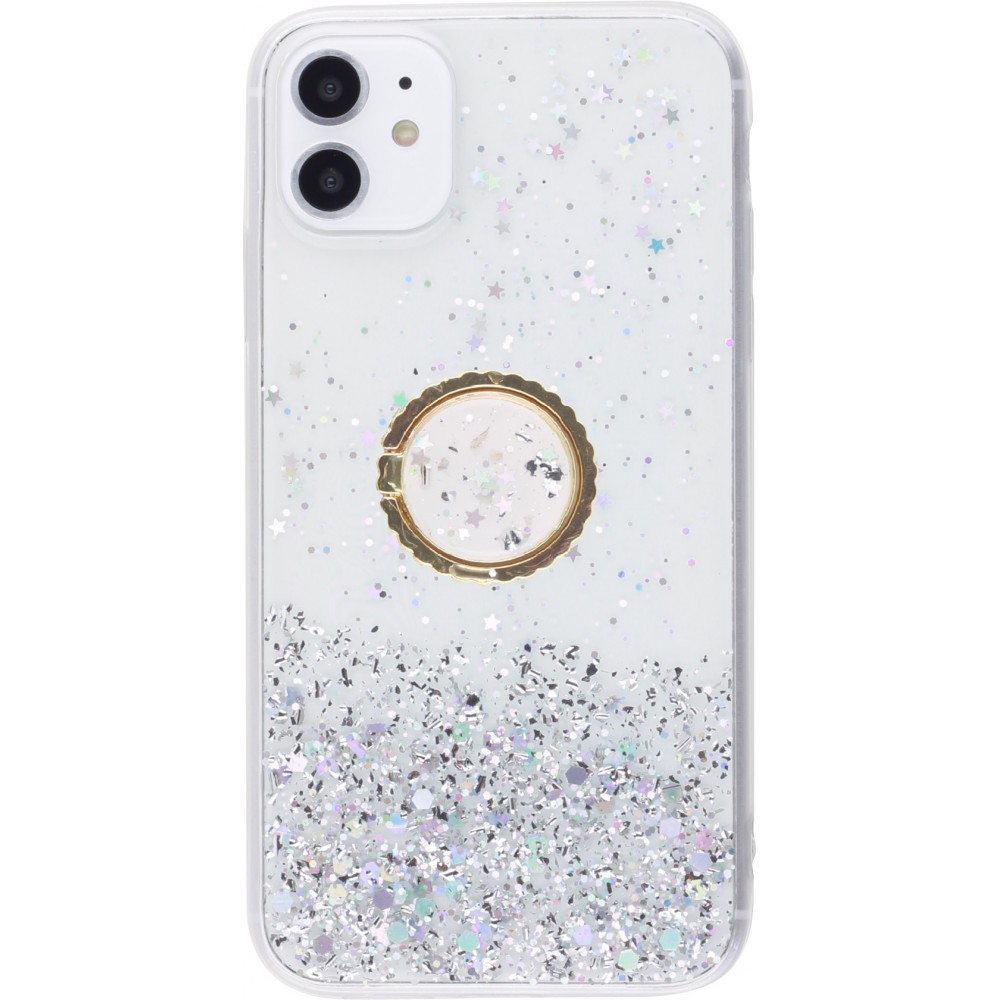 Coque iPhone 14 - Gel paillettes argentées avec anneau - Transparent