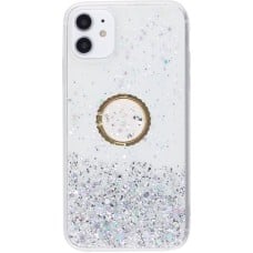 Hülle iPhone 14 Pro - Gummi silberner Pailletten mit Ring - Transparent