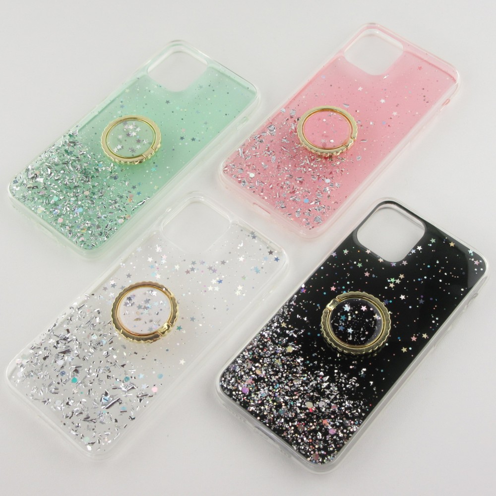 Coque iPhone 14 Pro - Gel paillettes argentées avec anneau - Transparent