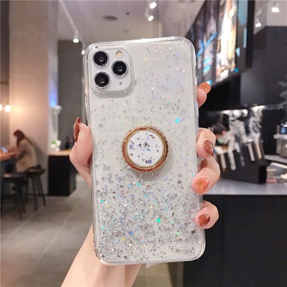 Coque iPhone 14 - Gel paillettes argentées avec anneau - Transparent