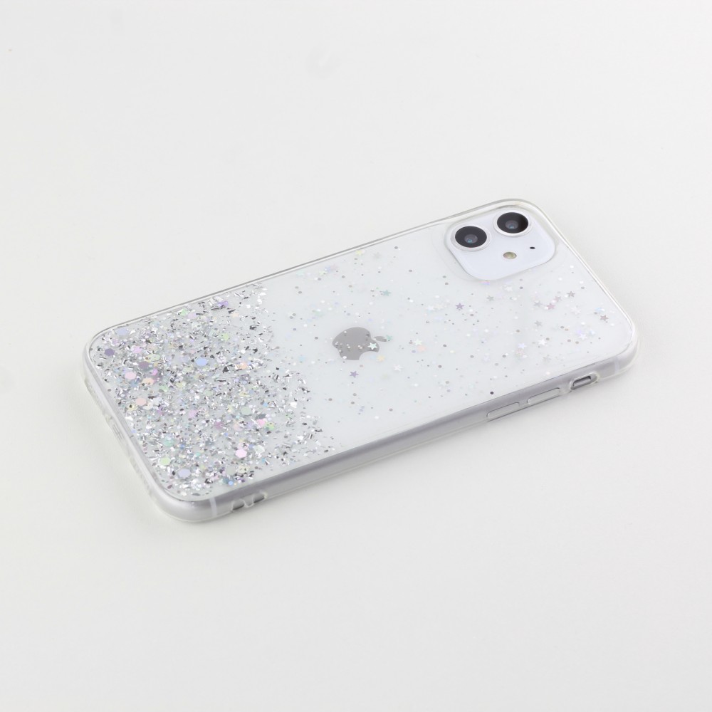 Coque iPhone Xs Max - Gel paillettes argentées avec anneau - Transparent