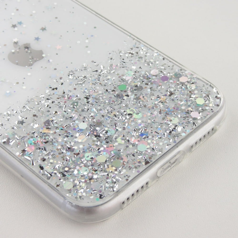 Coque iPhone 14 Pro - Gel paillettes argentées avec anneau - Transparent