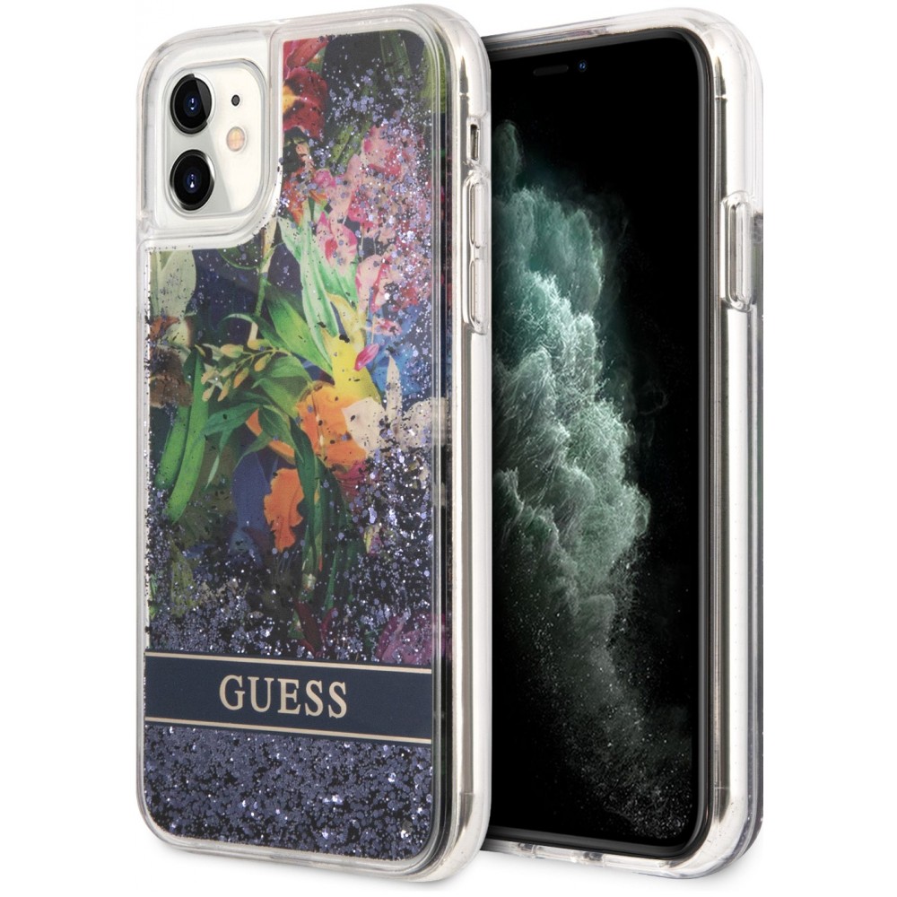 Coque iPhone 11 - Guess liquide avec paillettes bleues flottantes et fond fleurs tropicales