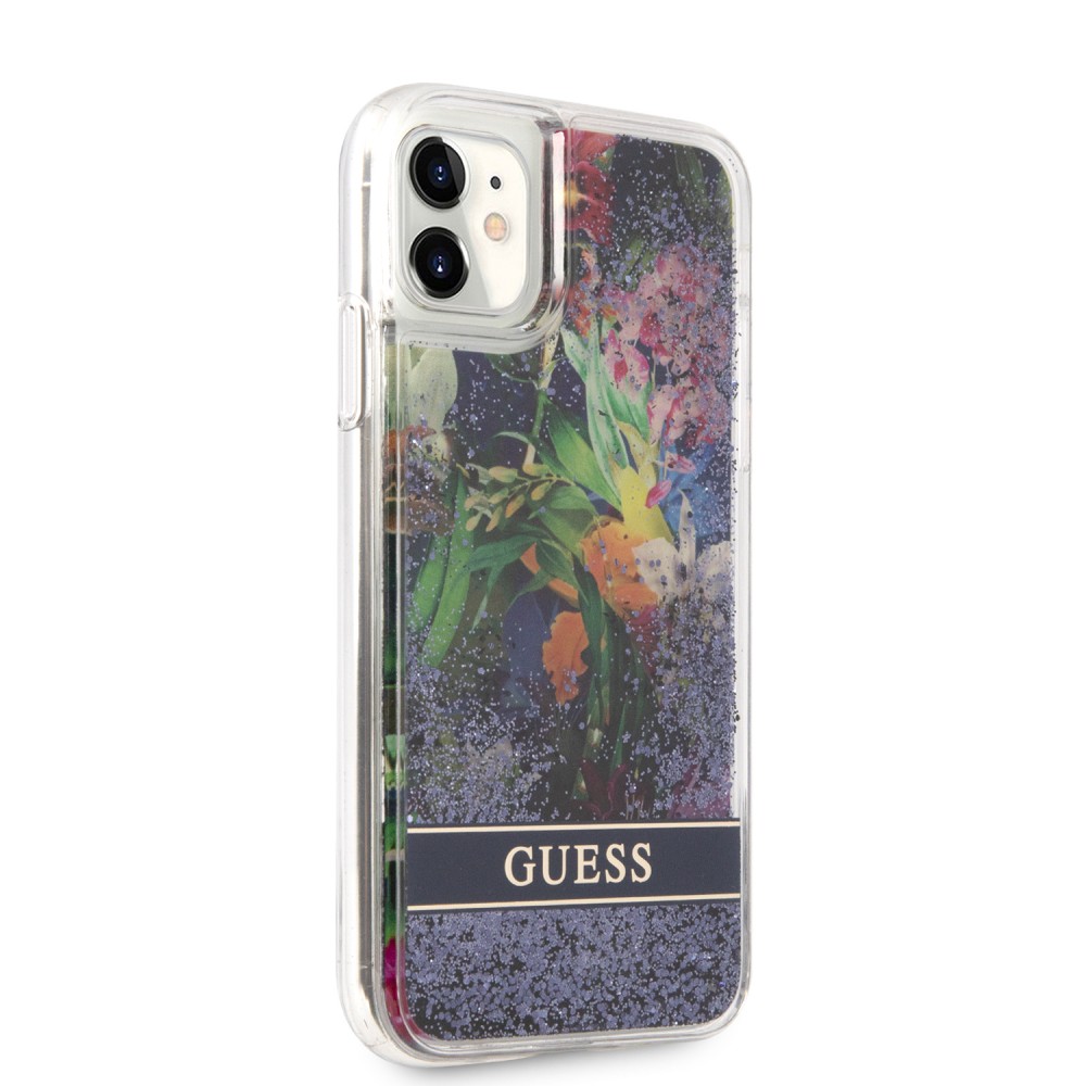 iPhone 11 Case Hülle - Guess Flüssigkeit mit schwebenden blauen Pailletten und tropischen Blumen Hintergrund