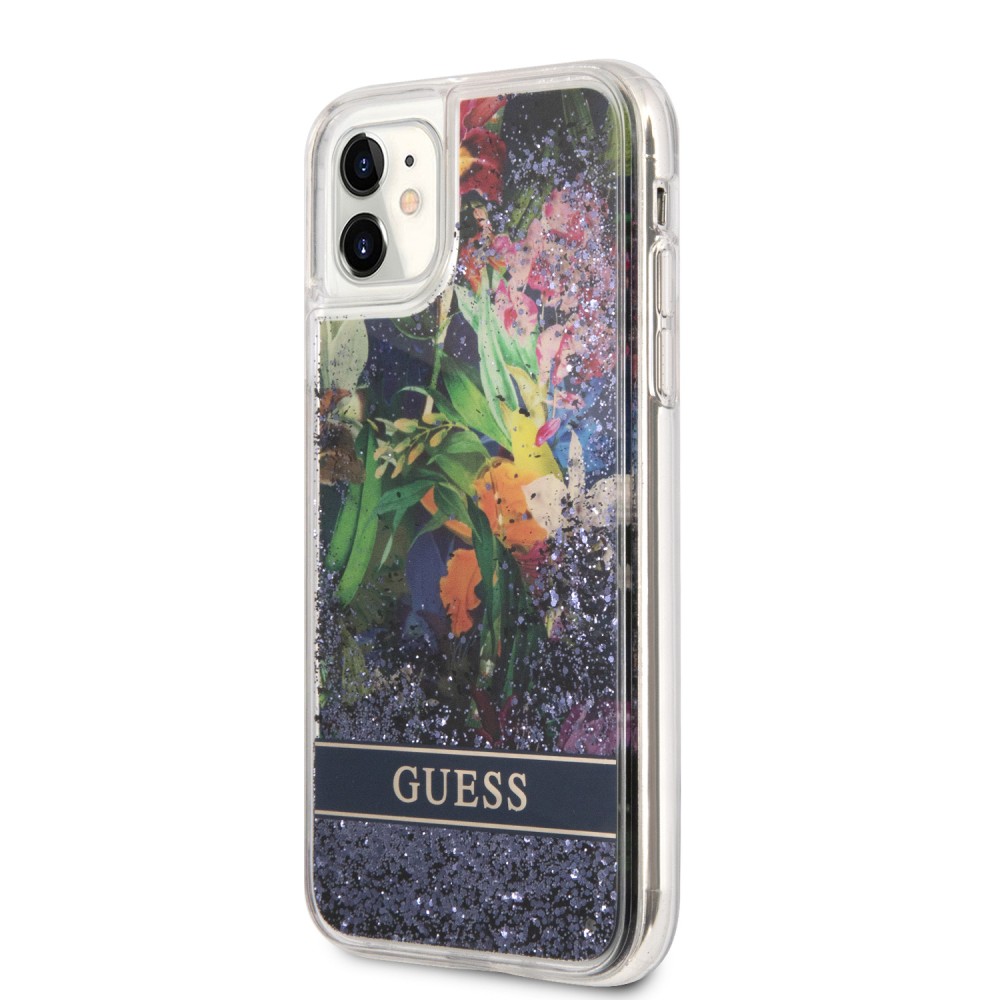 Coque iPhone 11 - Guess liquide avec paillettes bleues flottantes et fond fleurs tropicales