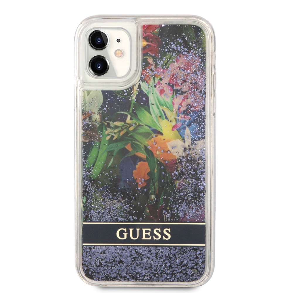 iPhone 11 Case Hülle - Guess Flüssigkeit mit schwebenden blauen Pailletten und tropischen Blumen Hintergrund