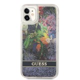 Coque iPhone 11 - Guess liquide avec paillettes bleues flottantes et fond fleurs tropicales