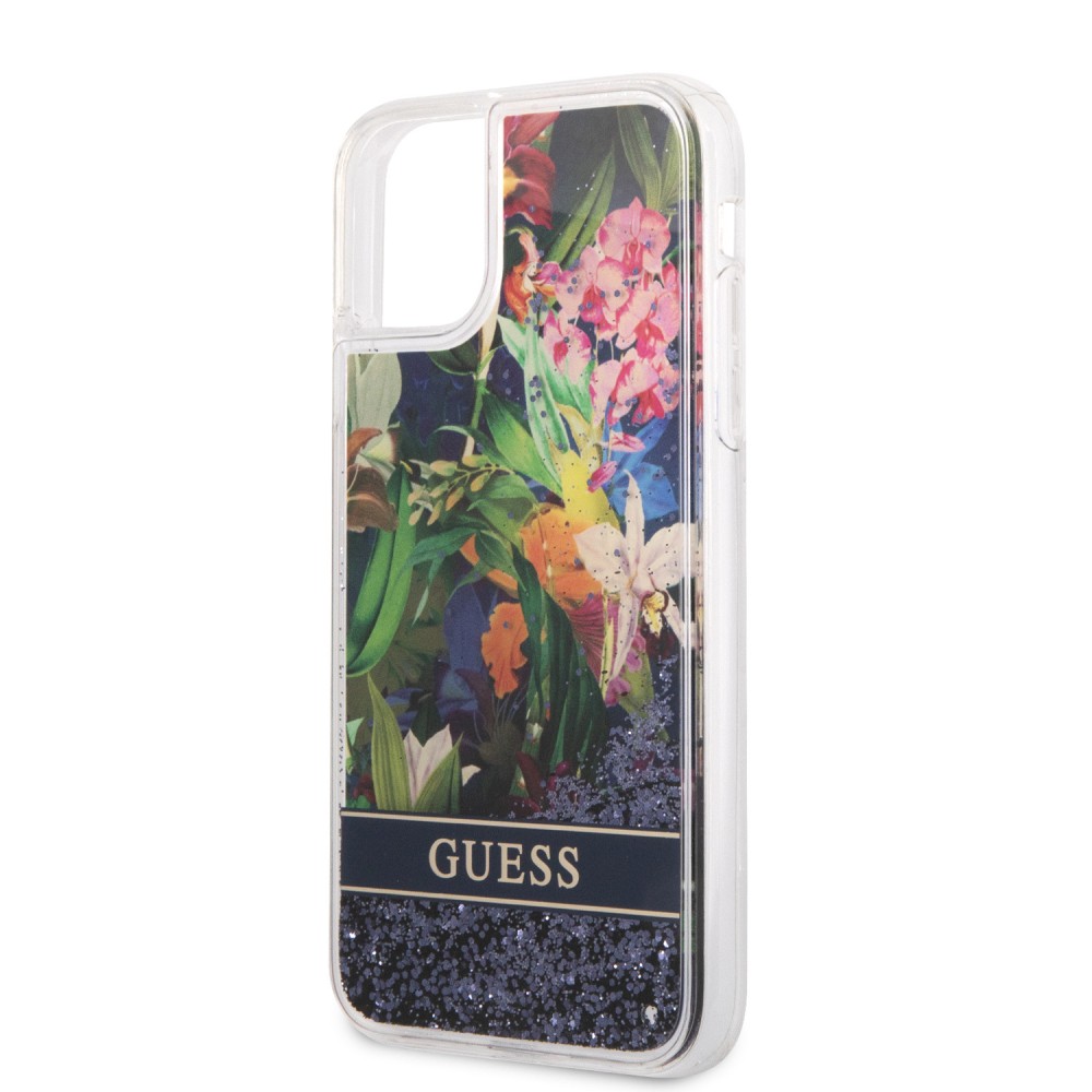 Coque iPhone 11 - Guess liquide avec paillettes bleues flottantes et fond fleurs tropicales