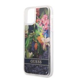 iPhone 11 Case Hülle - Guess Flüssigkeit mit schwebenden blauen Pailletten und tropischen Blumen Hintergrund