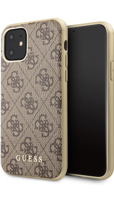 Coque iPhone 11 - Guess toile similicuir avec logo métallique doré en relief - Brun