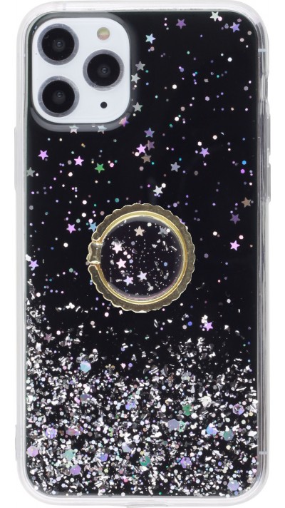 Coque iPhone 11 Pro Max - Gel paillettes argentées avec anneau - Noir