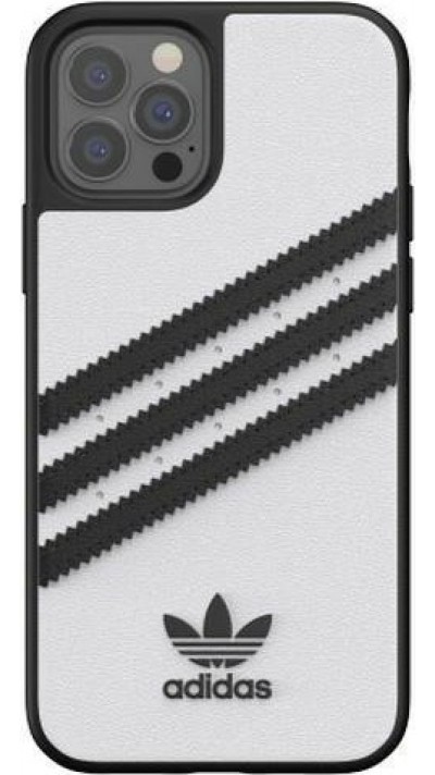 Coque iPhone 12 / 12 Pro - Adidas Gazelle style similicuir bandes noires cousues et logo imprimé - Blanc