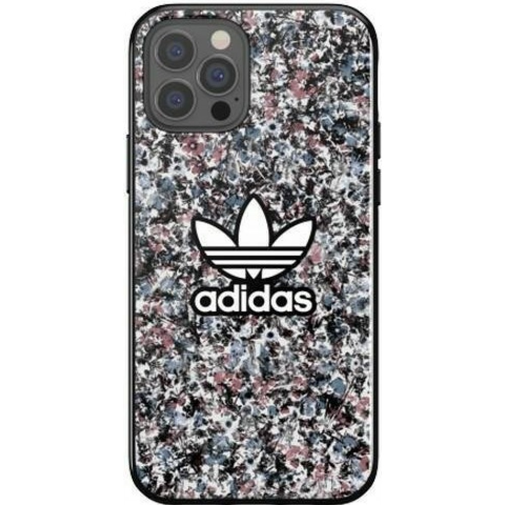 Coque iPhone 12 Pro Max - Adidas gel rigide fond fleuri et logo imprimé en blanc - Multicolore